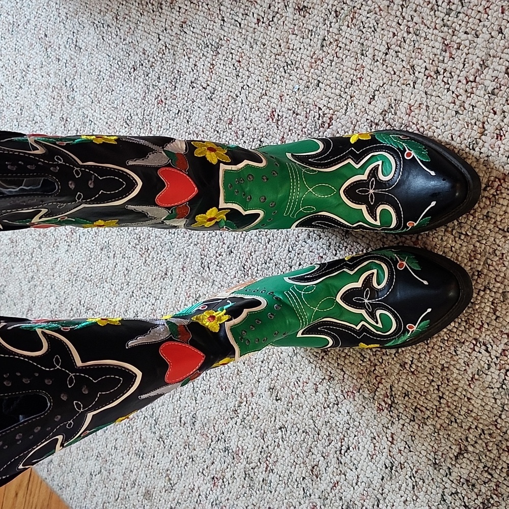 Embroidered Faux Leather Pull On Knee High Cowboy Style Boots. - Picture 5 of 11